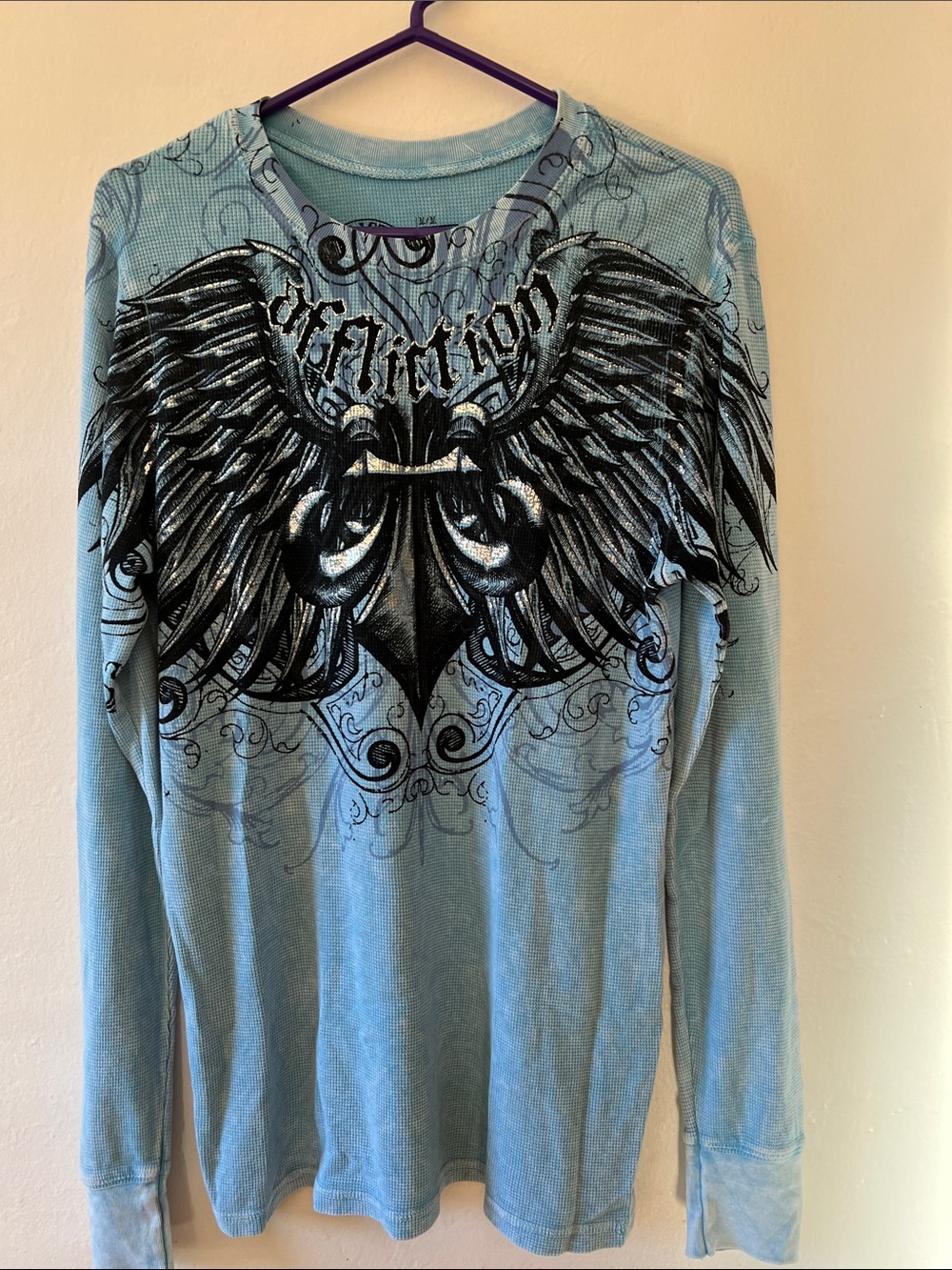 Affliction Light Blue Long Sleeve Top with Black Wing Graphic